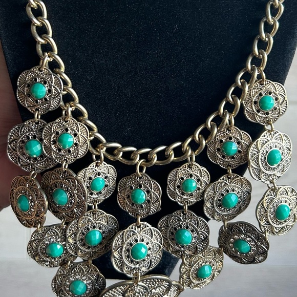Vintage Tribal Statement Faux Turquoise Bib Necklace, adjustable up to 20” - Picture 7 of 8